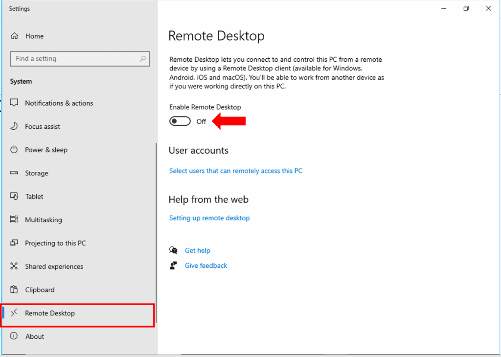 turn off remote access on windows 10